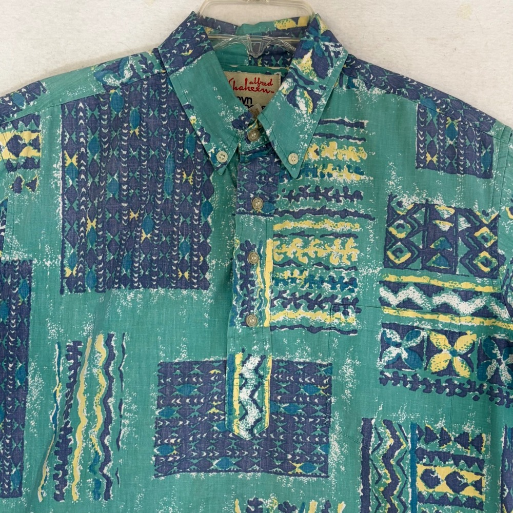Reyn Spooner Alfred Shaheen Hawaiian Shirt M Teal Tapa Tribal Geometric Aloha - Picture 2 of 7